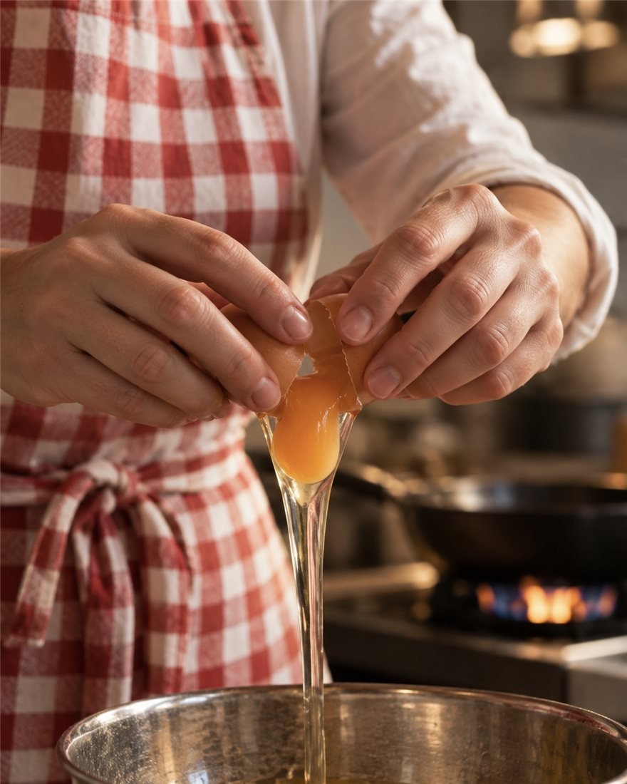 Manos rompiendo un huevo sobre un bol metálico, con delantal de cuadros rojo y blanco y la cocina de fondo, en plena elaboración de la tortilla