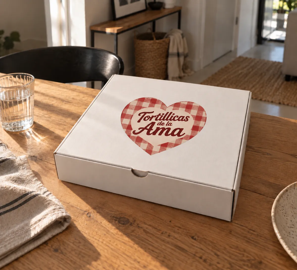 Caja blanca de Tortillicas de la Ama con logo en forma de corazón de mantel de cuadros, sobre una mesa de madera junto a un vaso de agua y un paño de cocina