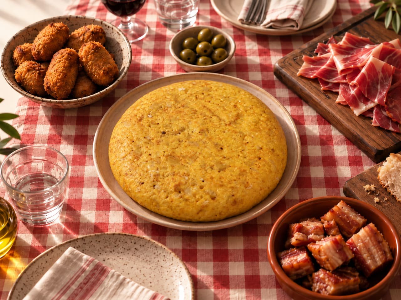Mesa con mantel de cuadros rojo y blanco: tortilla de patata entera en el centro, con croquetas, jamón cortado, torreznos y aceitunas alrededor