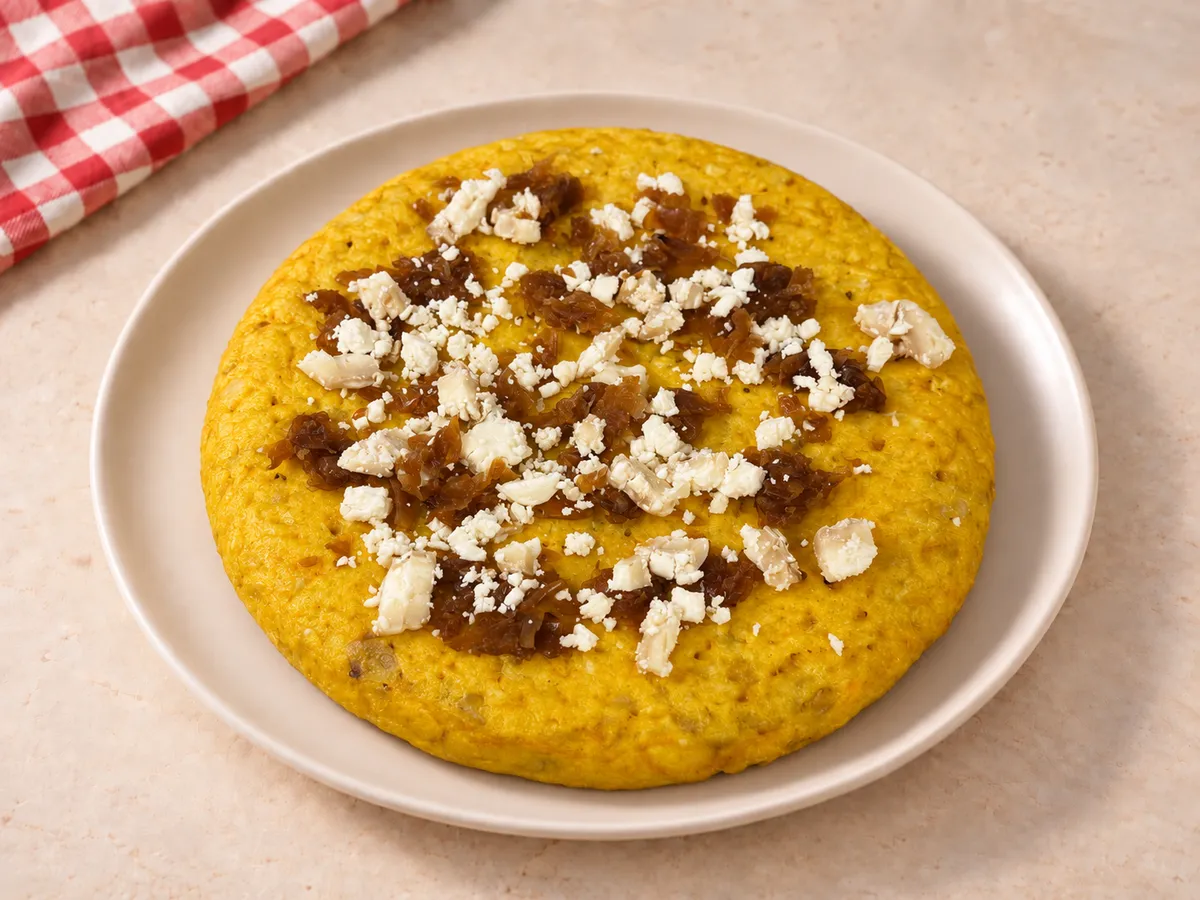 Tortilla de queso de cabra y cebolla caramelizada