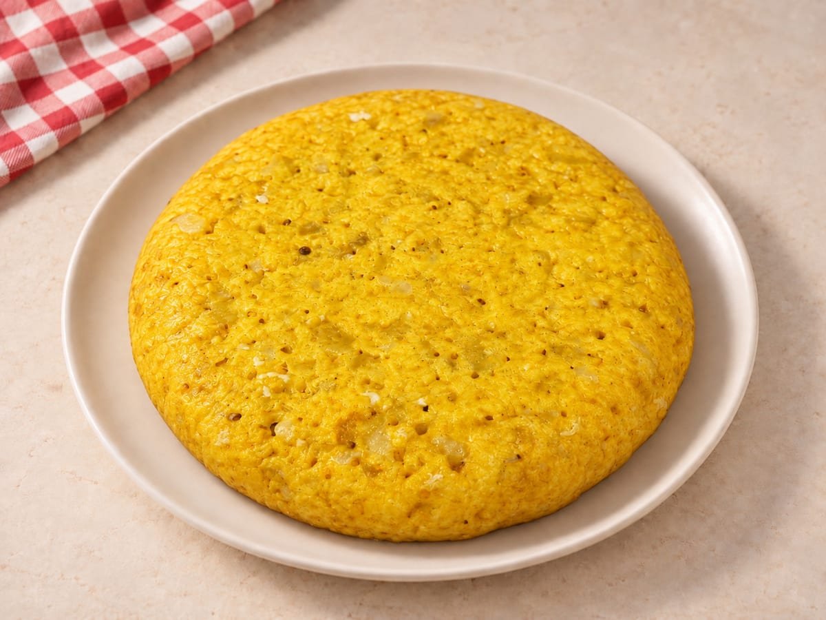 Tortilla de patata clásica entera sobre un plato, con mantel de cuadros rojo y blanco al fondo